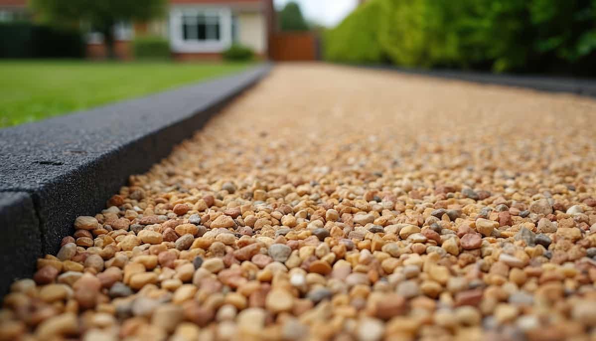 Close-up of a gravel pathway bordered by black edging, leading toward a house and green bushes in the background.