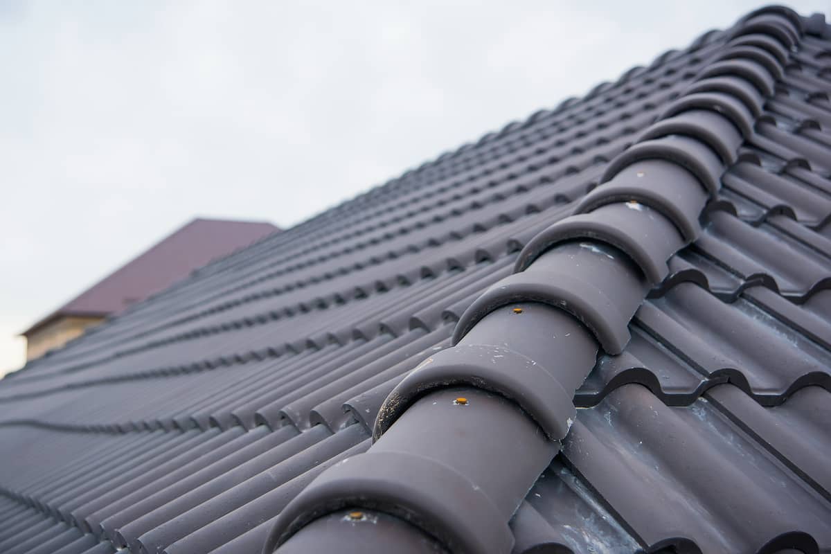 Close-up view of a gray tiled roof with curved ridge tiles, showing clean lines and a slight overcast sky in the background.