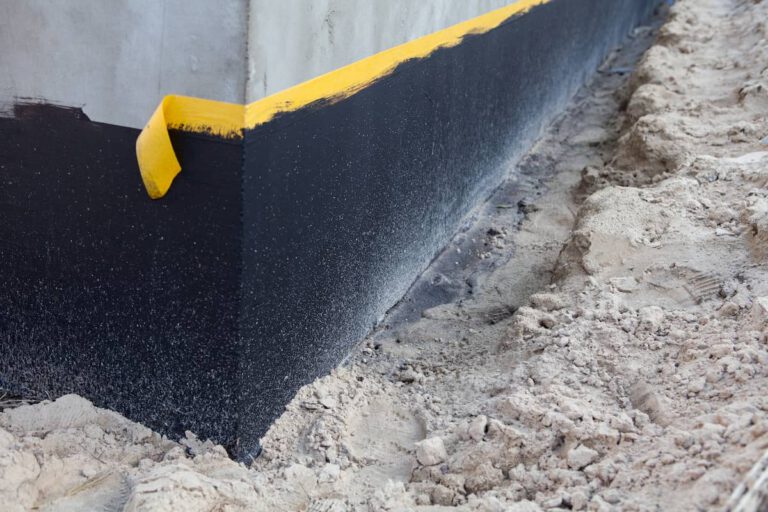 Close-up of a building foundation corner with black waterproofing and a yellow strip, surrounded by loose sand.