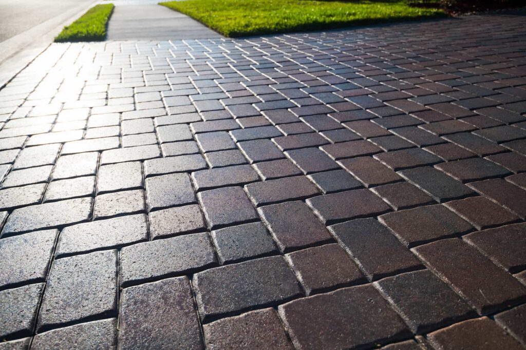 A close-up view of a sunlit brick sidewalk with interlocking rectangular pavers, leading to a grassy area and a concrete curb in the background.